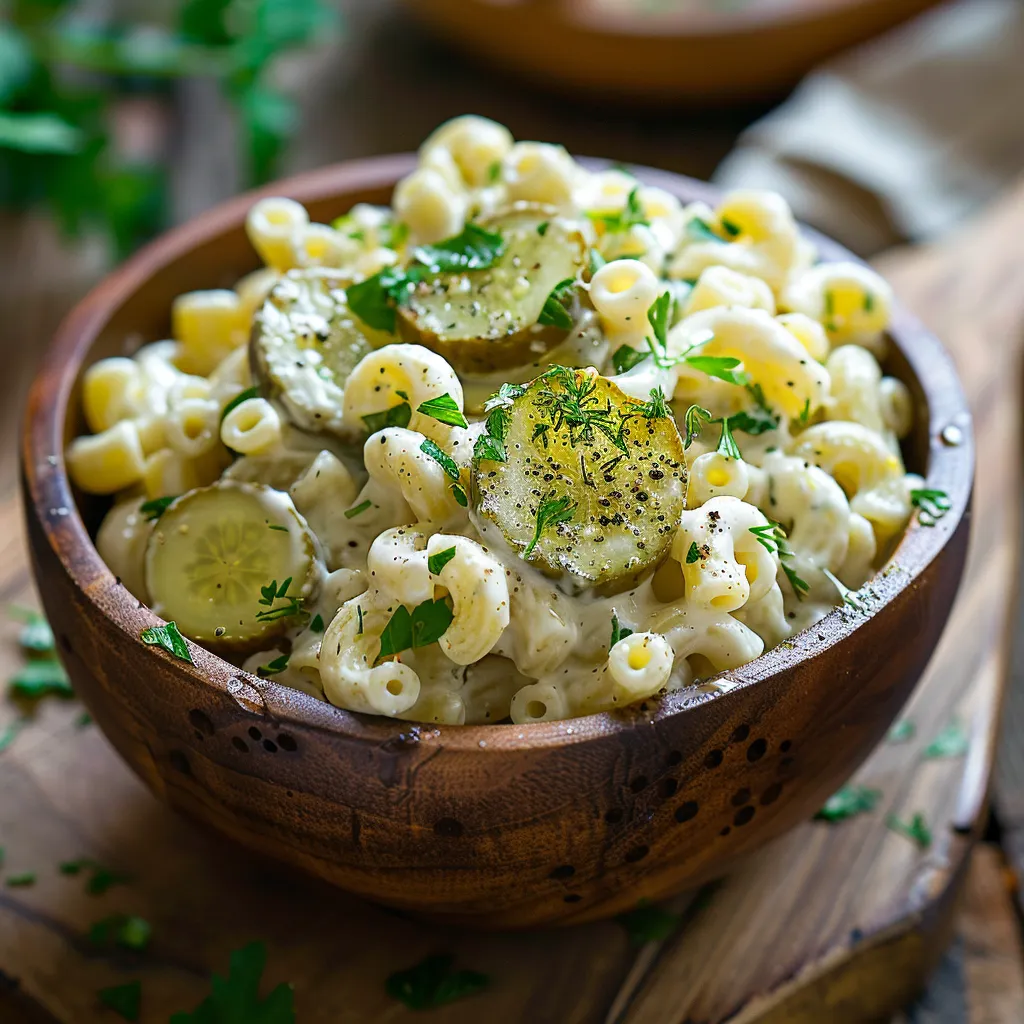 A bowl of macaroni topped with a pickle slice.