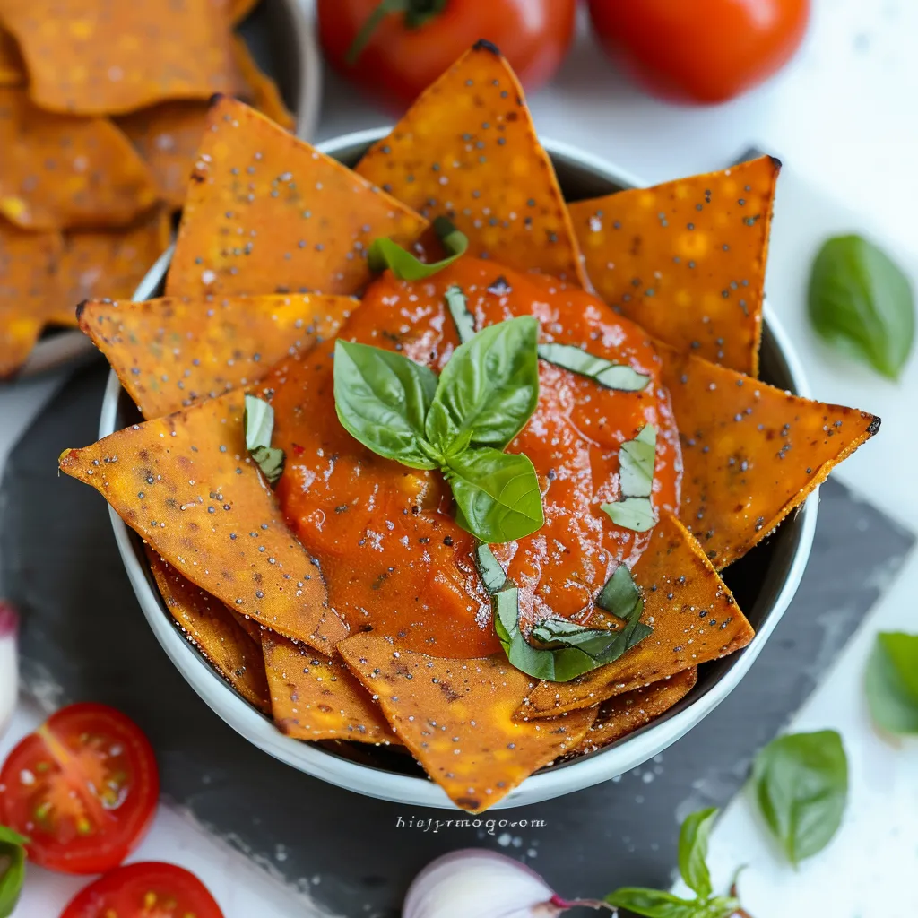 A bowl filled with crispy lentil bites alongside fresh tomatoes and basil.