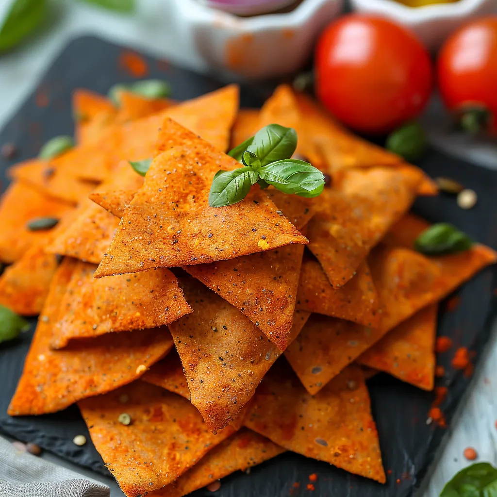 A stack of chips with a sprig of parsley on top.