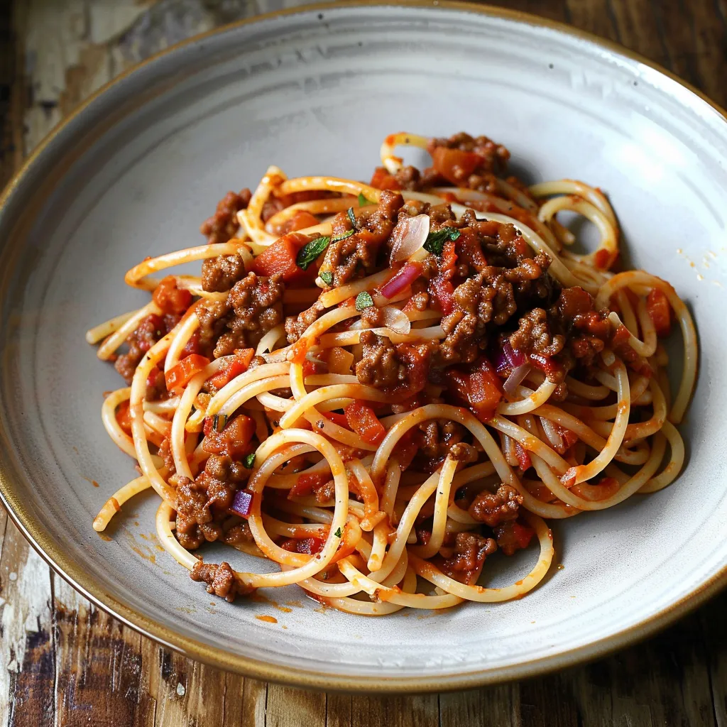 Spaghetti topped with tomato and ground beef sauce.