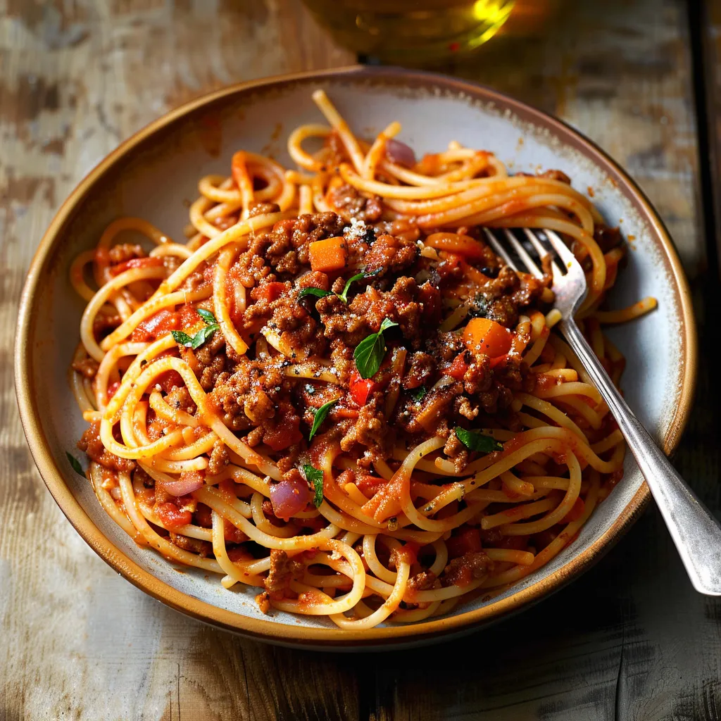 A bowl of spaghetti with meat sauce.