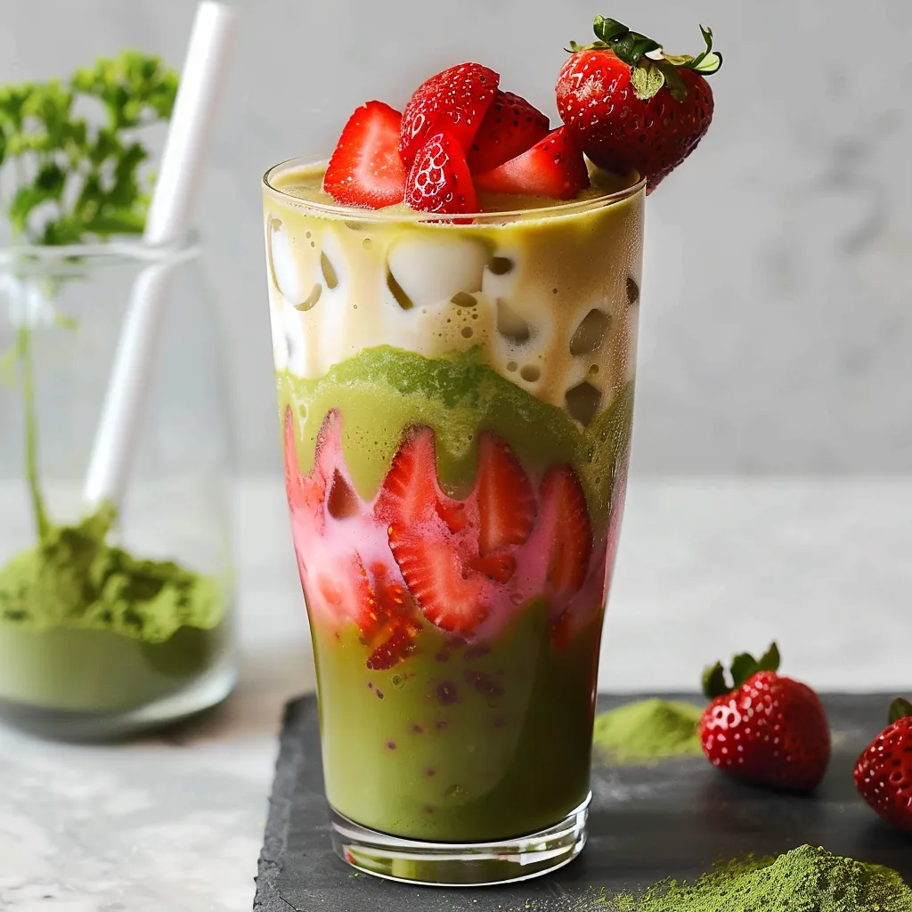 A refreshing green drink topped with strawberries in a glass.