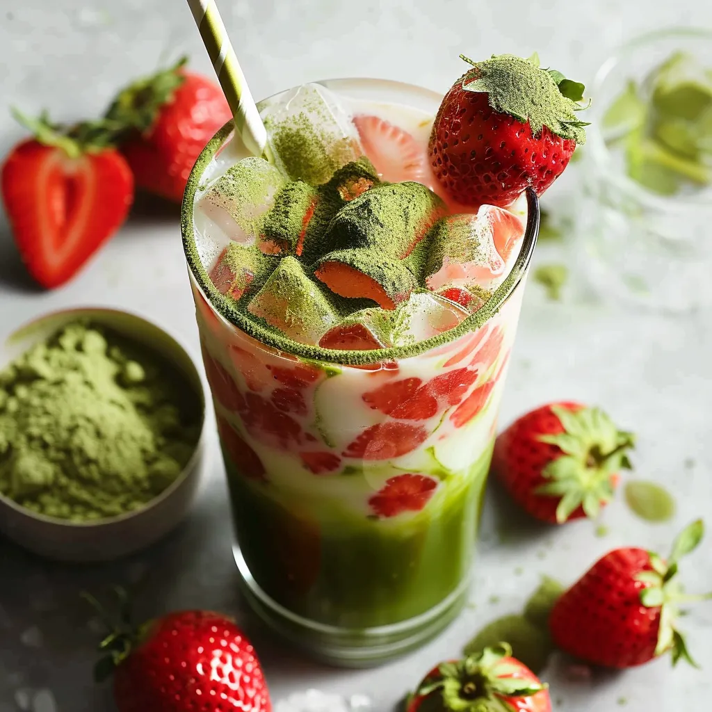 A glass of green tea with strawberries.