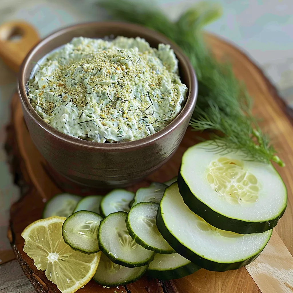 A bowl of dip with a lemon wedge and cucumber slices.