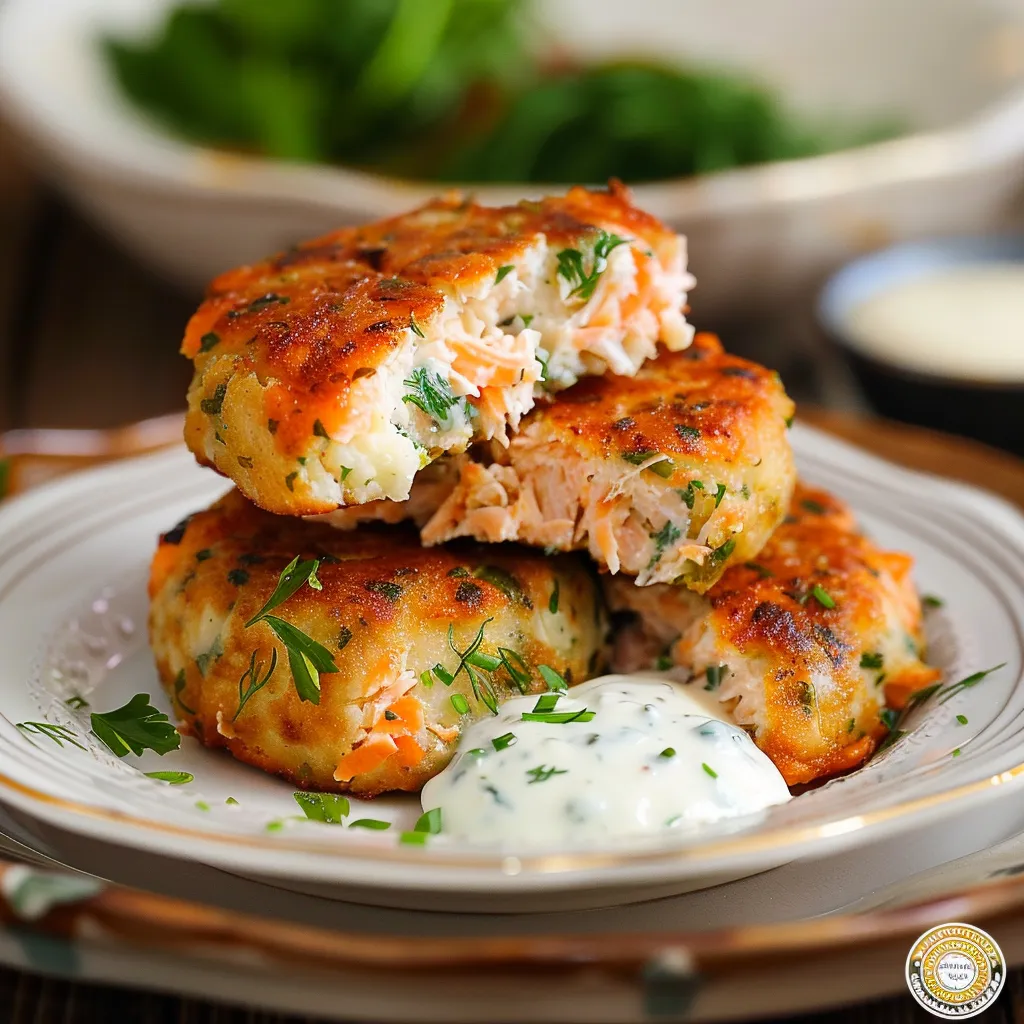 Plate of golden salmon patties topped with yogurt chive sauce.