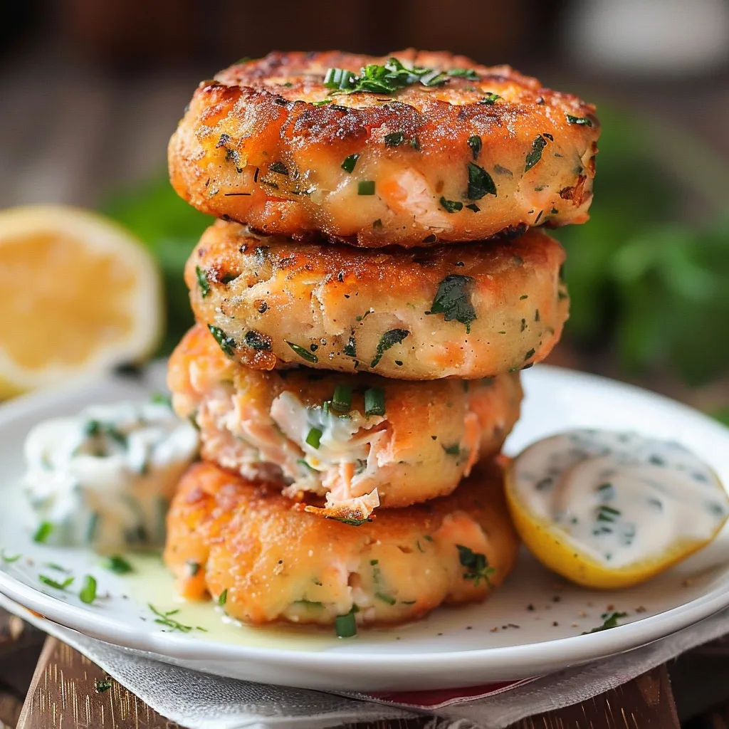 A stack of fish cakes with a lemon wedge on top.