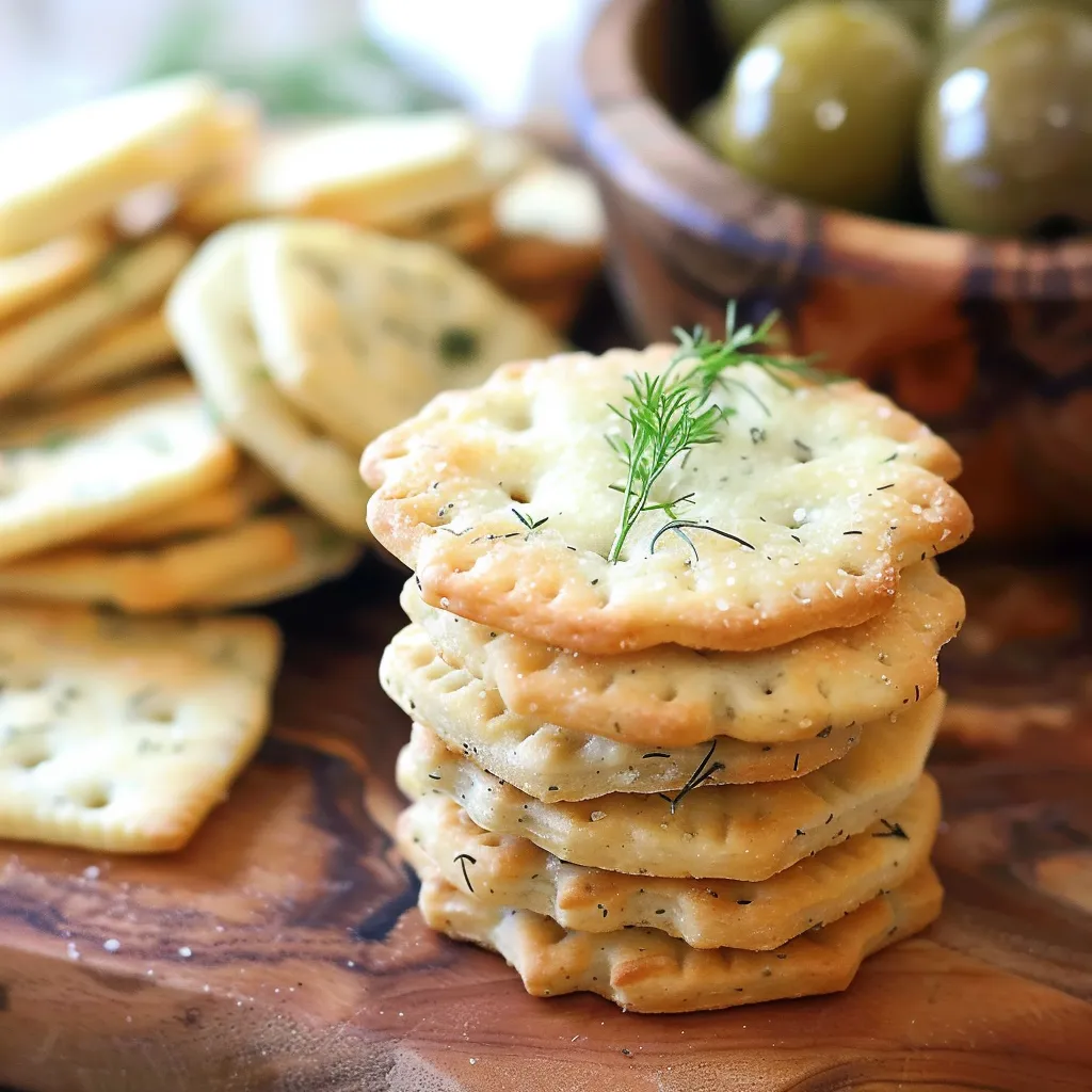 A stack of crackers with a sprig of parsley on top.