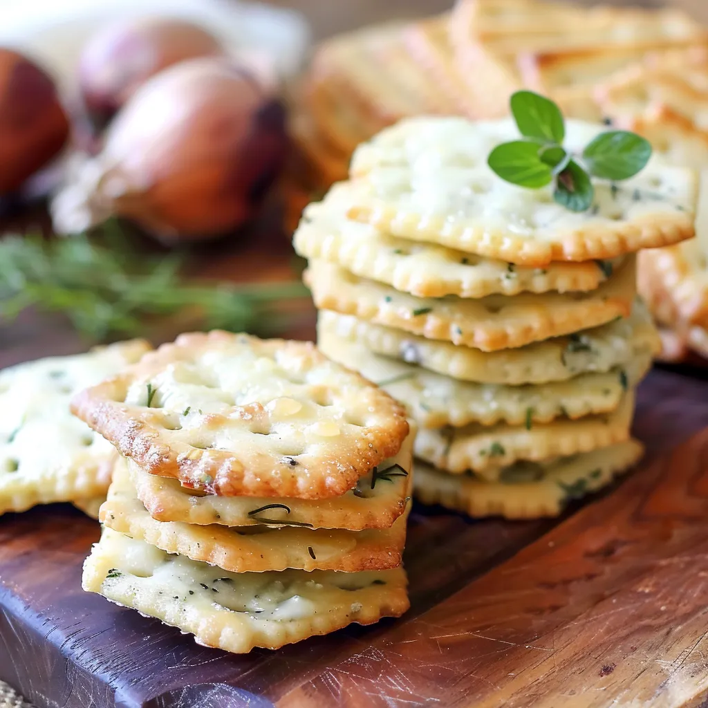 A stack of crackers with a green leaf on top.