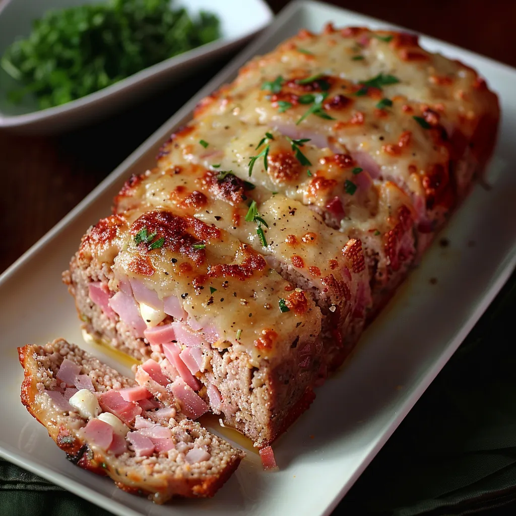 A plate featuring a ham and Swiss-filled dish.