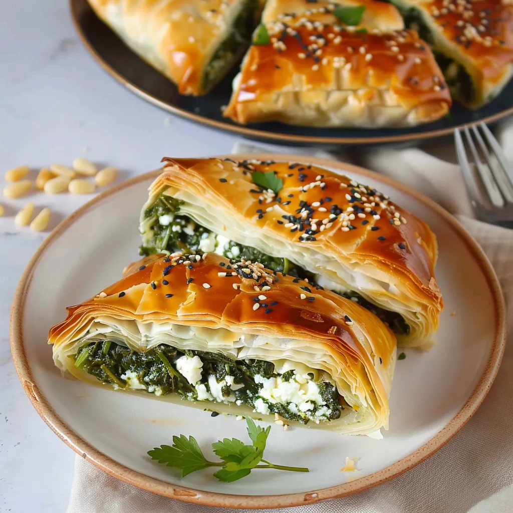A crispy filo spiral served on a plate with a fork.
