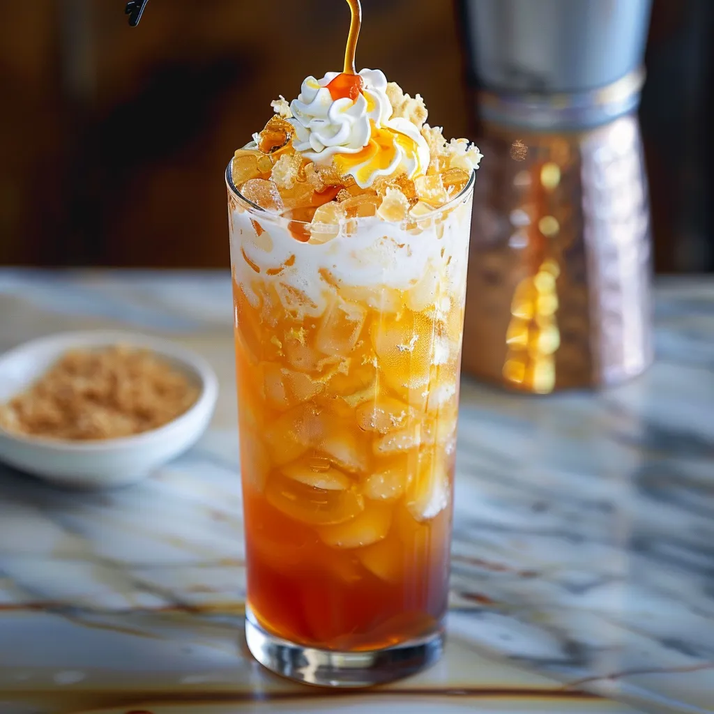 A filled orange drink with a spoon inside.