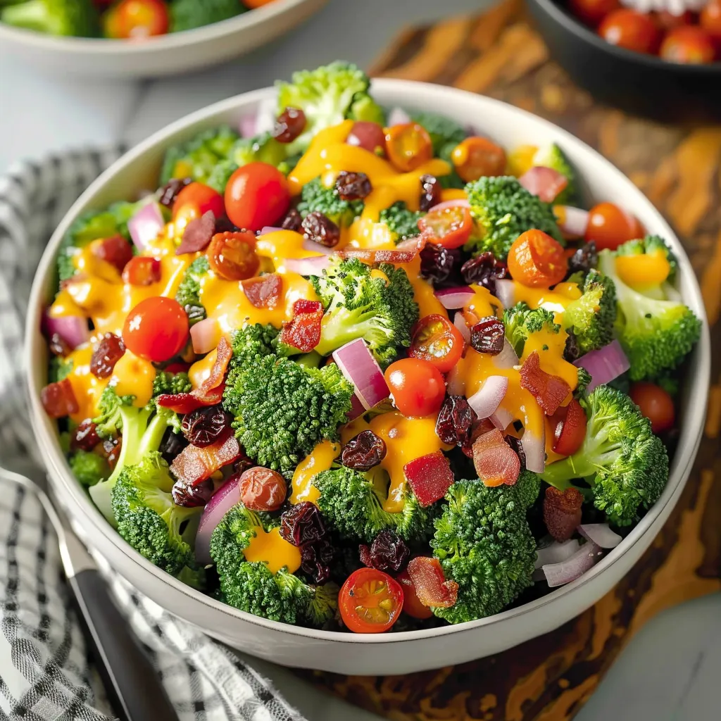 A bowl full of broccoli, tomatoes, and cheddar bits.