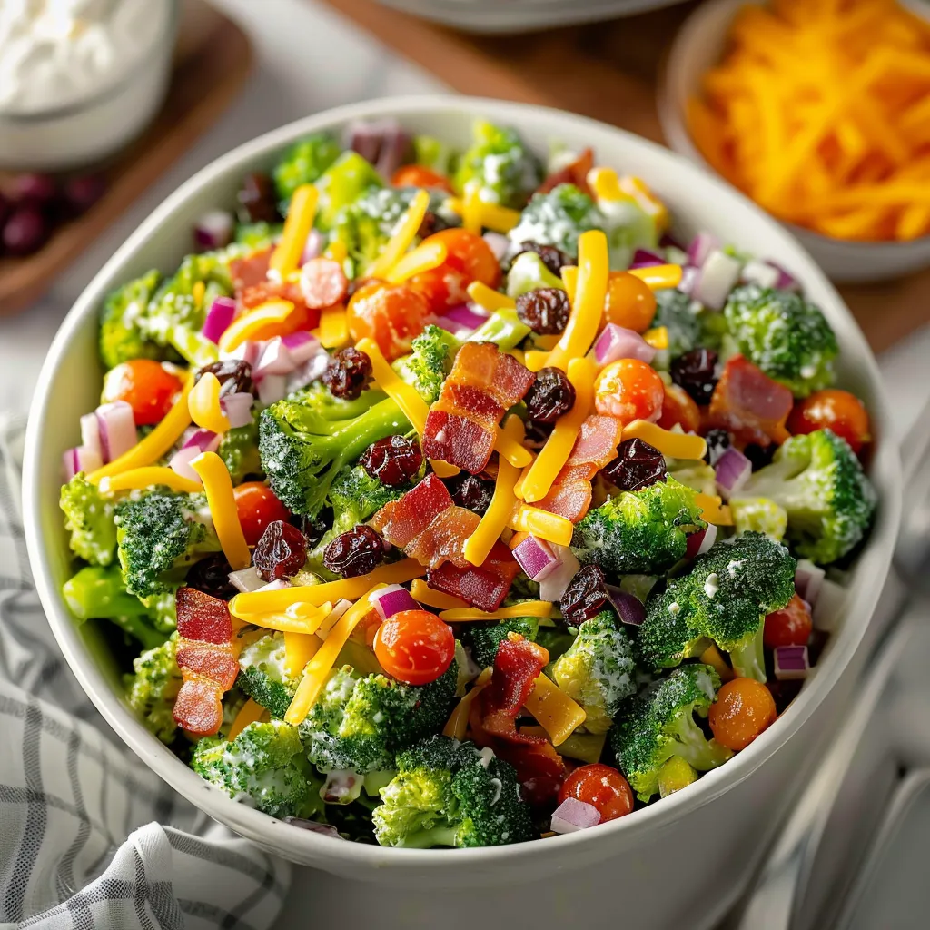 A bowl of broccoli with cheese and bacon.