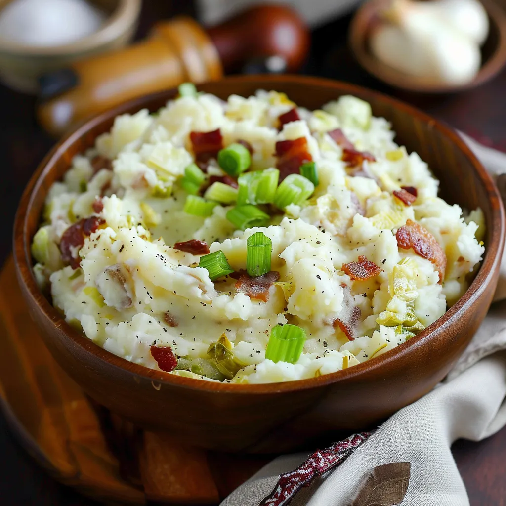 A serving of mashed potatoes with crispy bacon and fresh green onions.