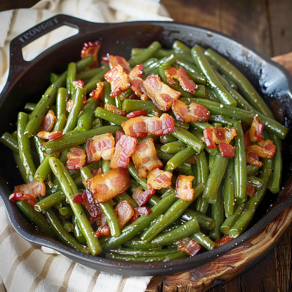 A pan of bacon and green beans.