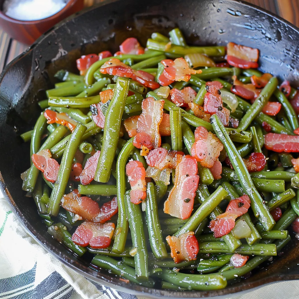 A pan of bacon and green beans.