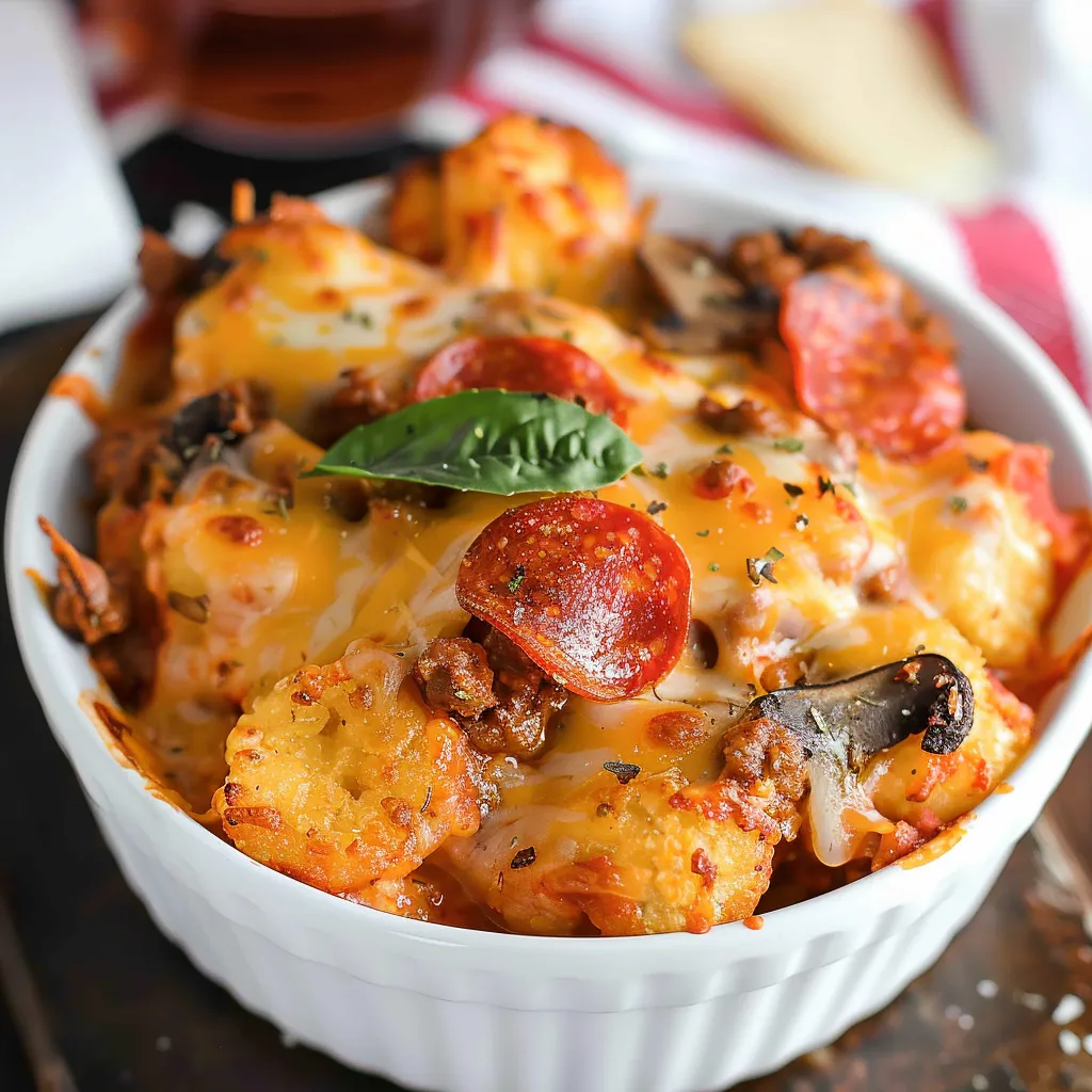 A hearty dish topped with cheese and pepperoni.