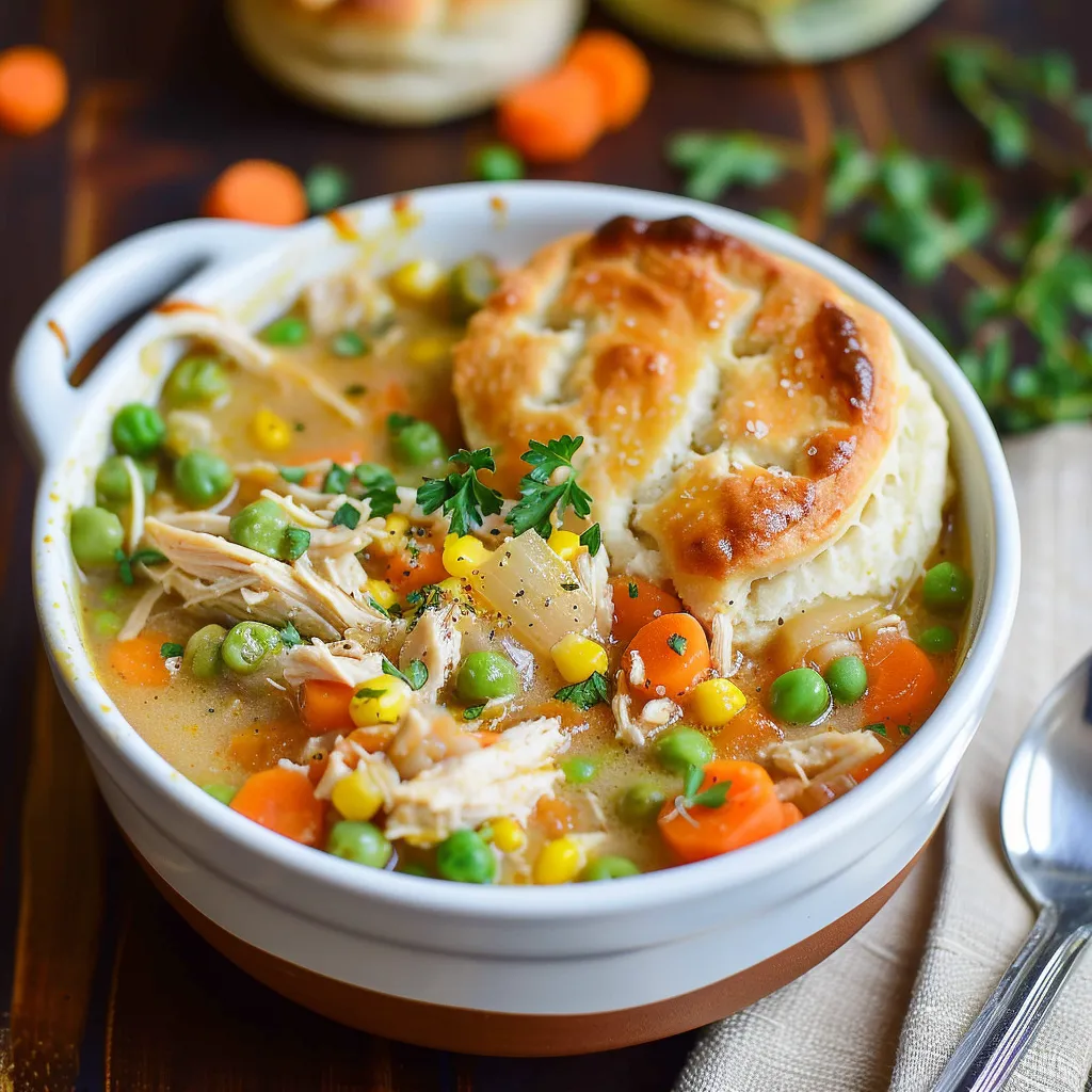 A warm bowl of creamy chicken pot pie topped with a biscuit.