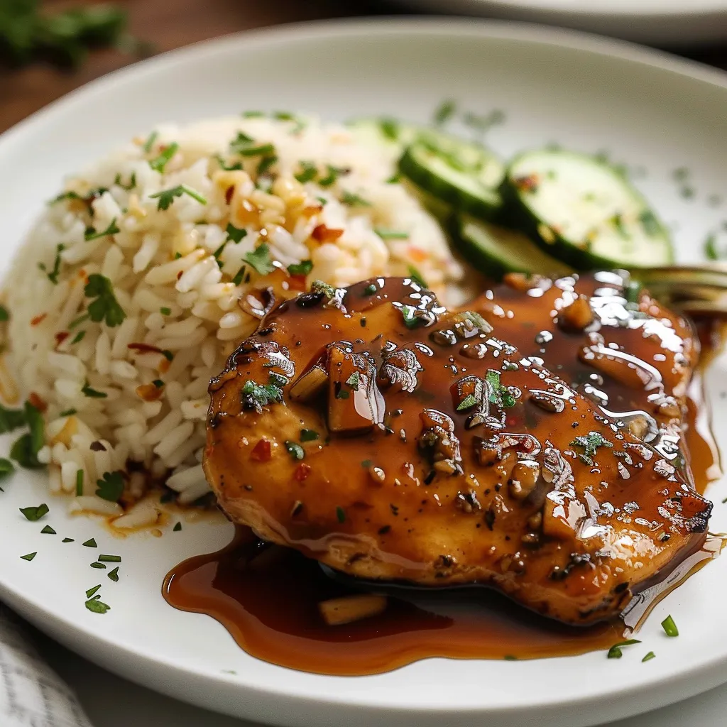 A plate of meat with sauce and rice on the side.