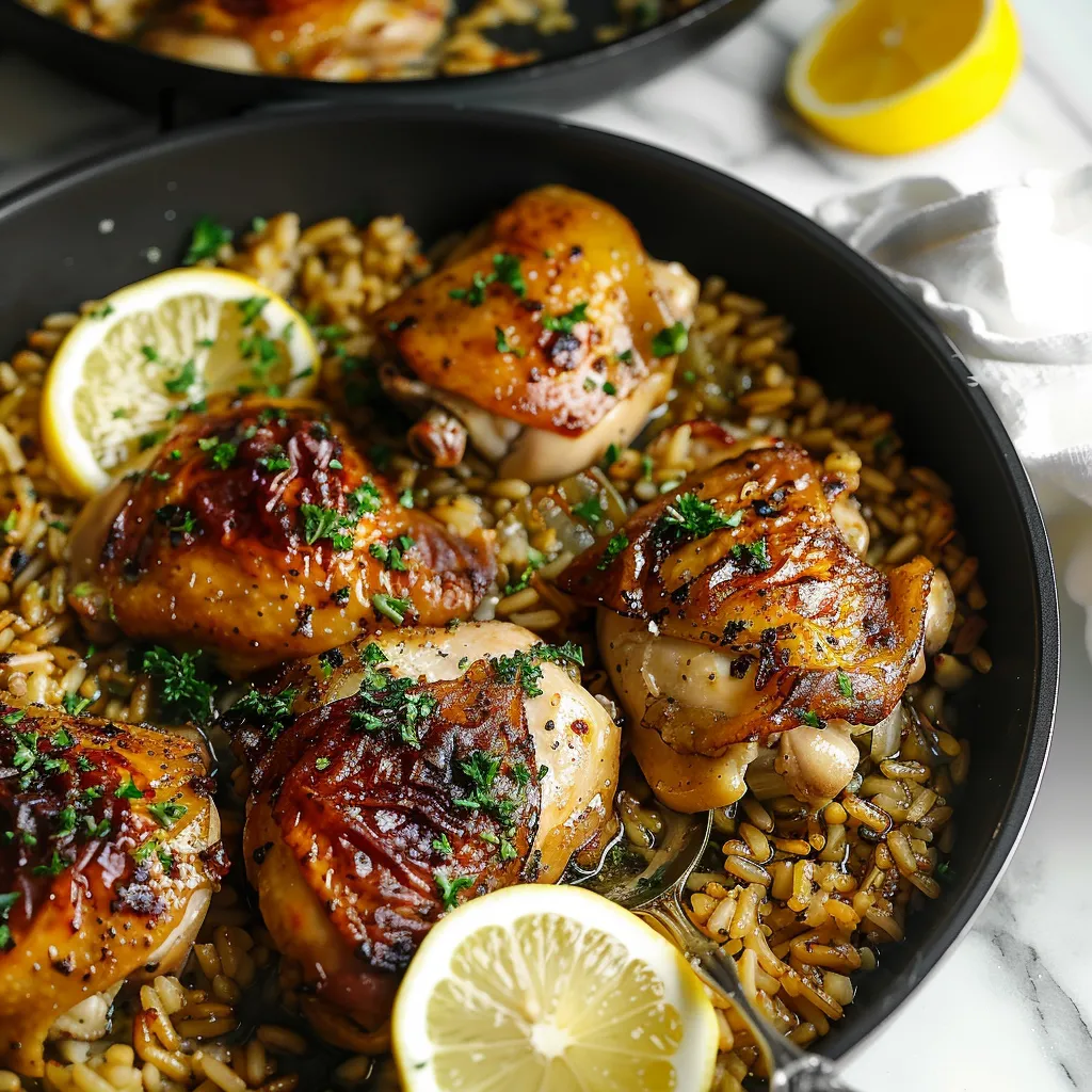 A bowl of chicken with lemon slices.