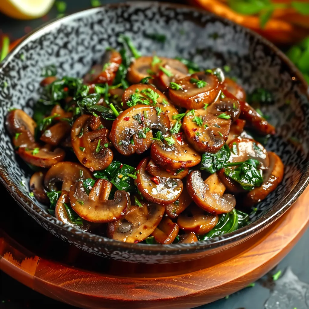 A bowl of mushrooms with greens.