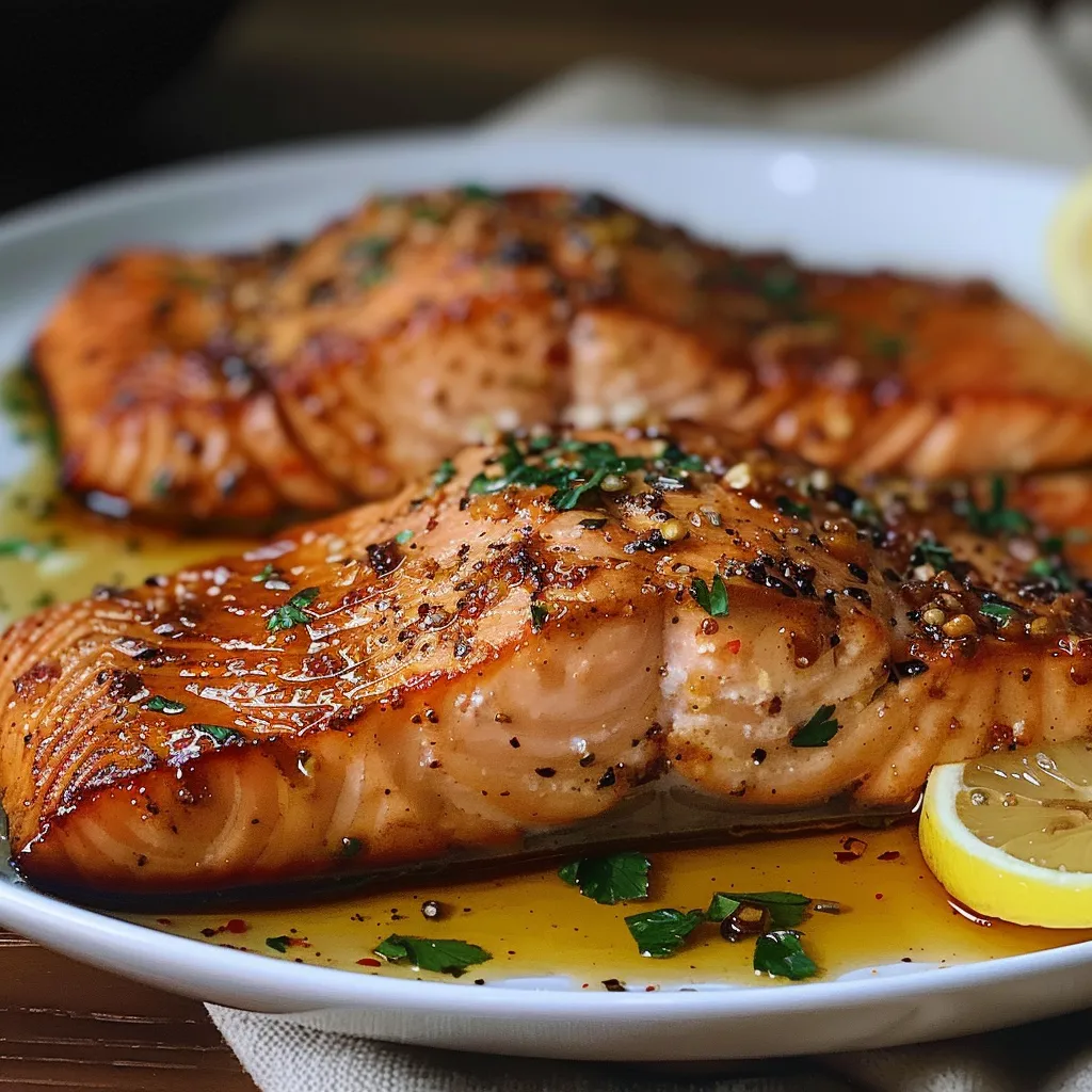 Cooked salmon plated with lemon wedges.