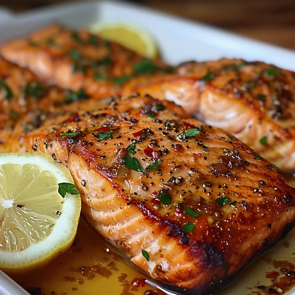 A plate of cooked salmon with lemon wedges.