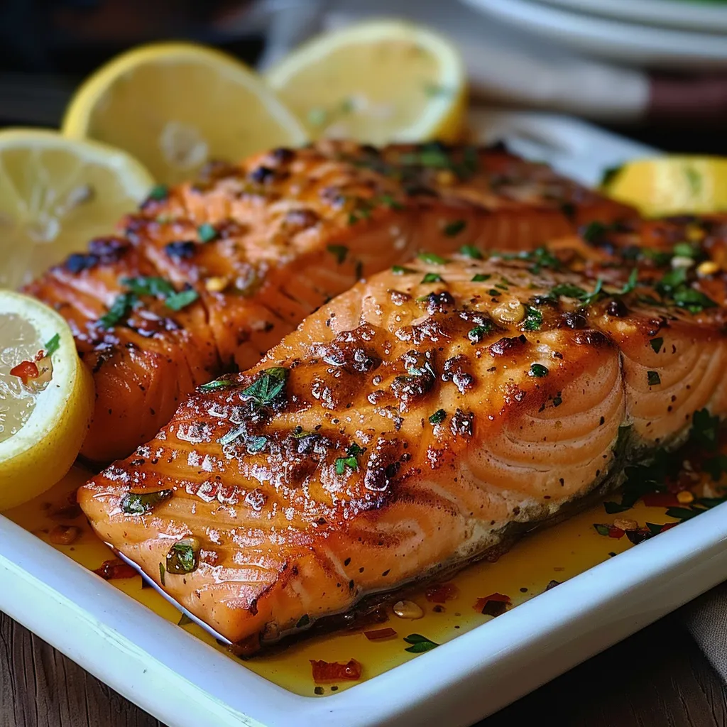 A plate of fish with lemon wedges on top.