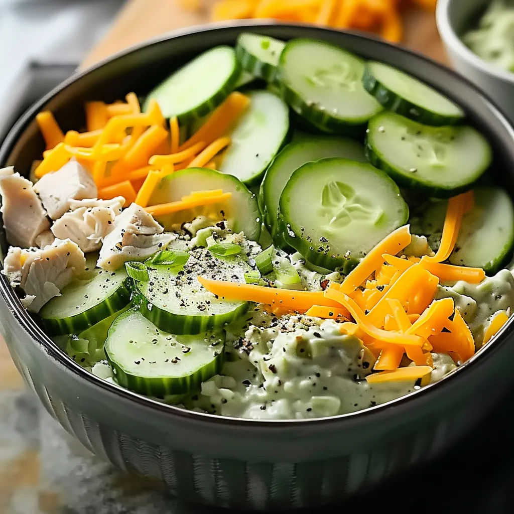 A food bowl loaded with cucumbers and cheese.