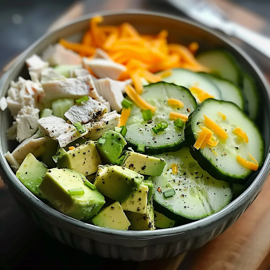 A bowl of food with chicken, cucumbers, and cheese.