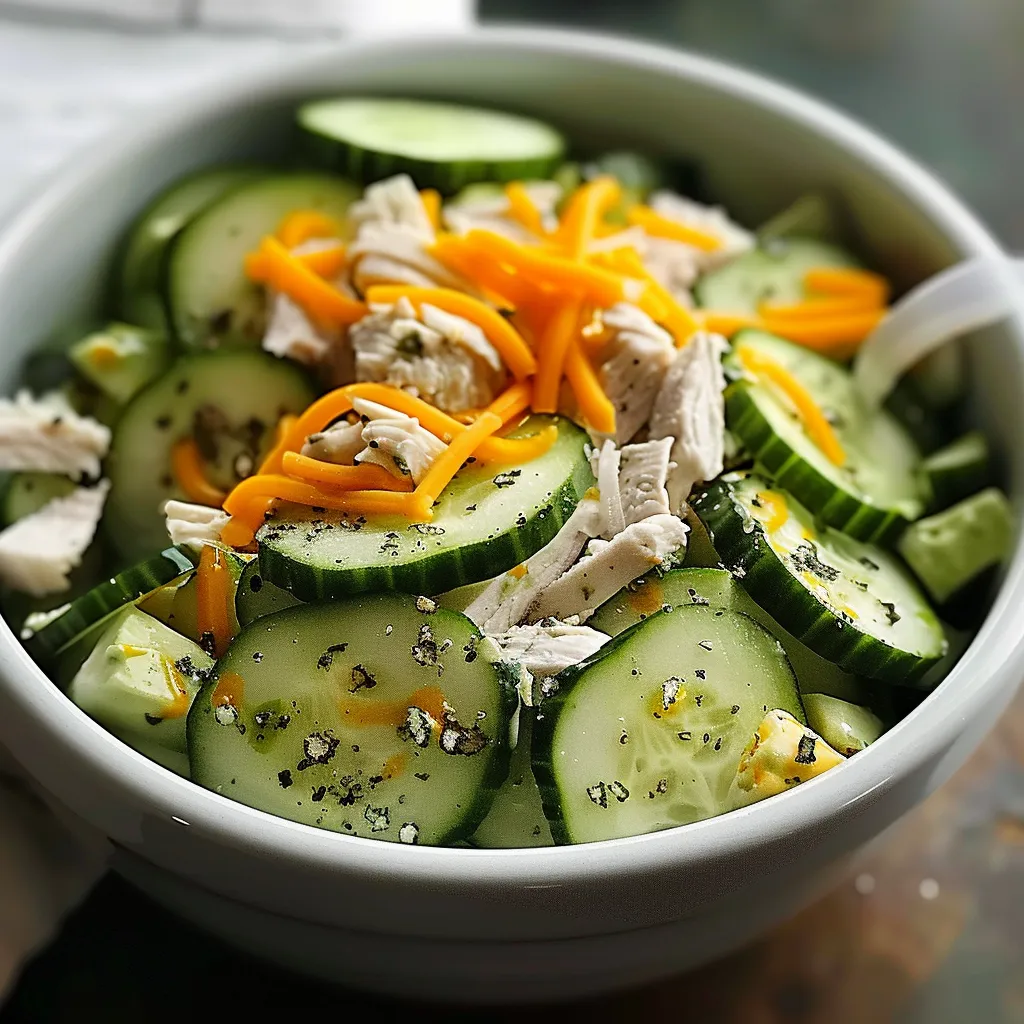 A bowl of chicken salad with cucumbers.