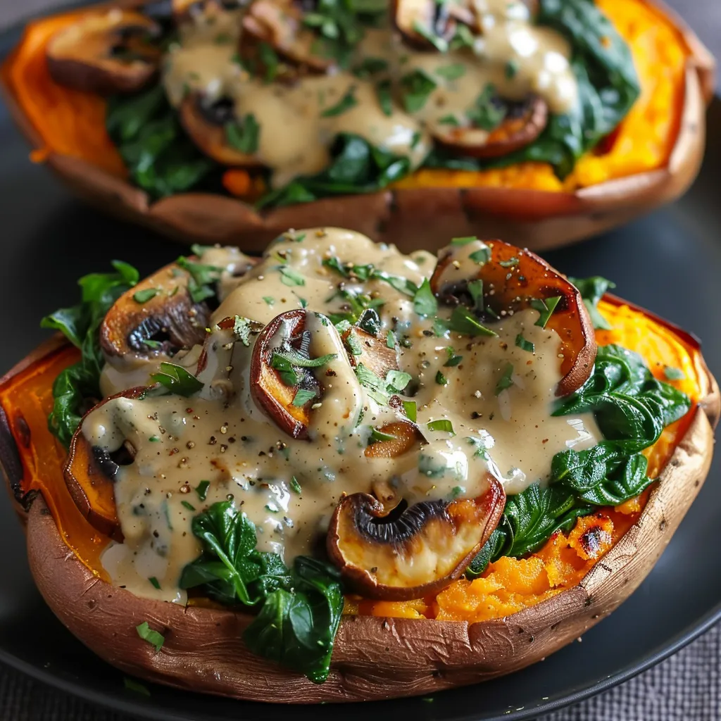 Two pieces of baked sweet potatoes with mushrooms and greens.