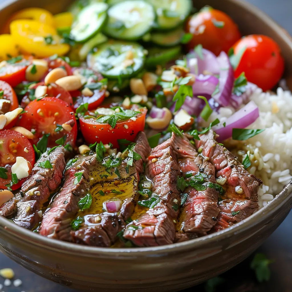 A bowl filled with colorful vegetables, beef, and a creamy sauce.