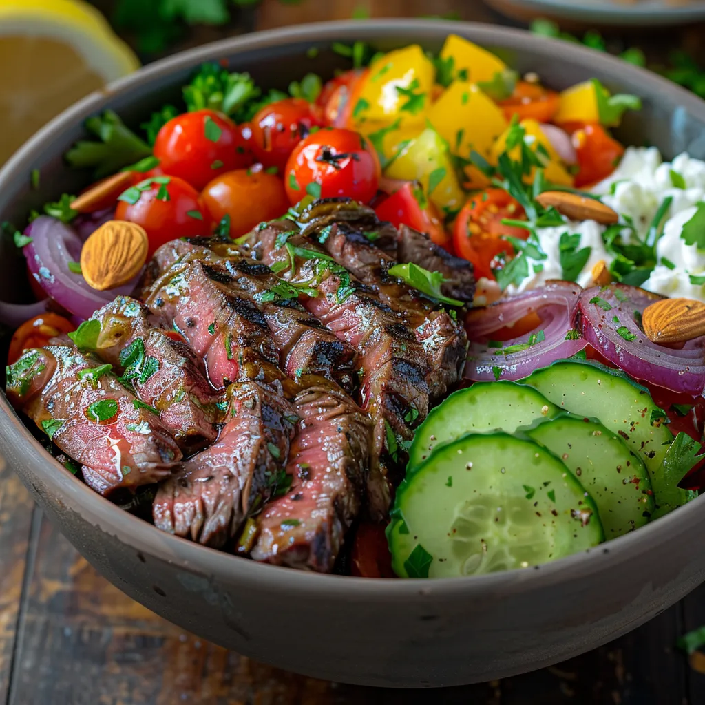 A bowl of food with meat, vegetables and cheese.