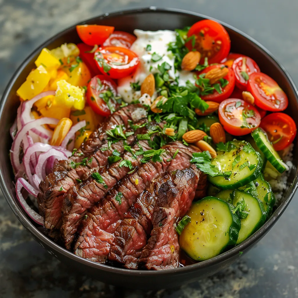 A bowl of food with meat, vegetables, and sauce.