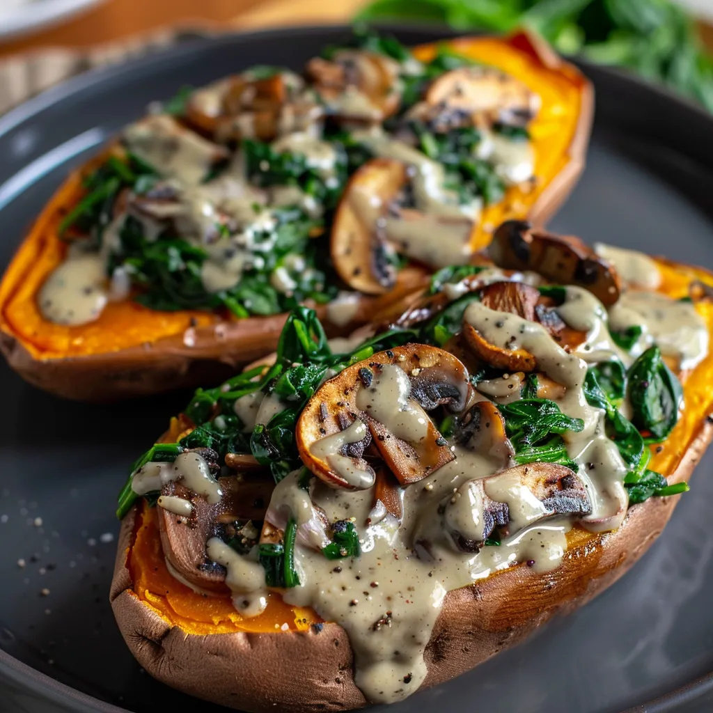 Two baked sweet potato halves topped with sautéed mushrooms and leafy greens.
