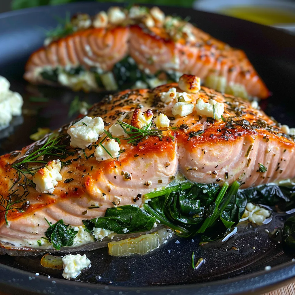 A dish of stuffed salmon with herbs and feta.