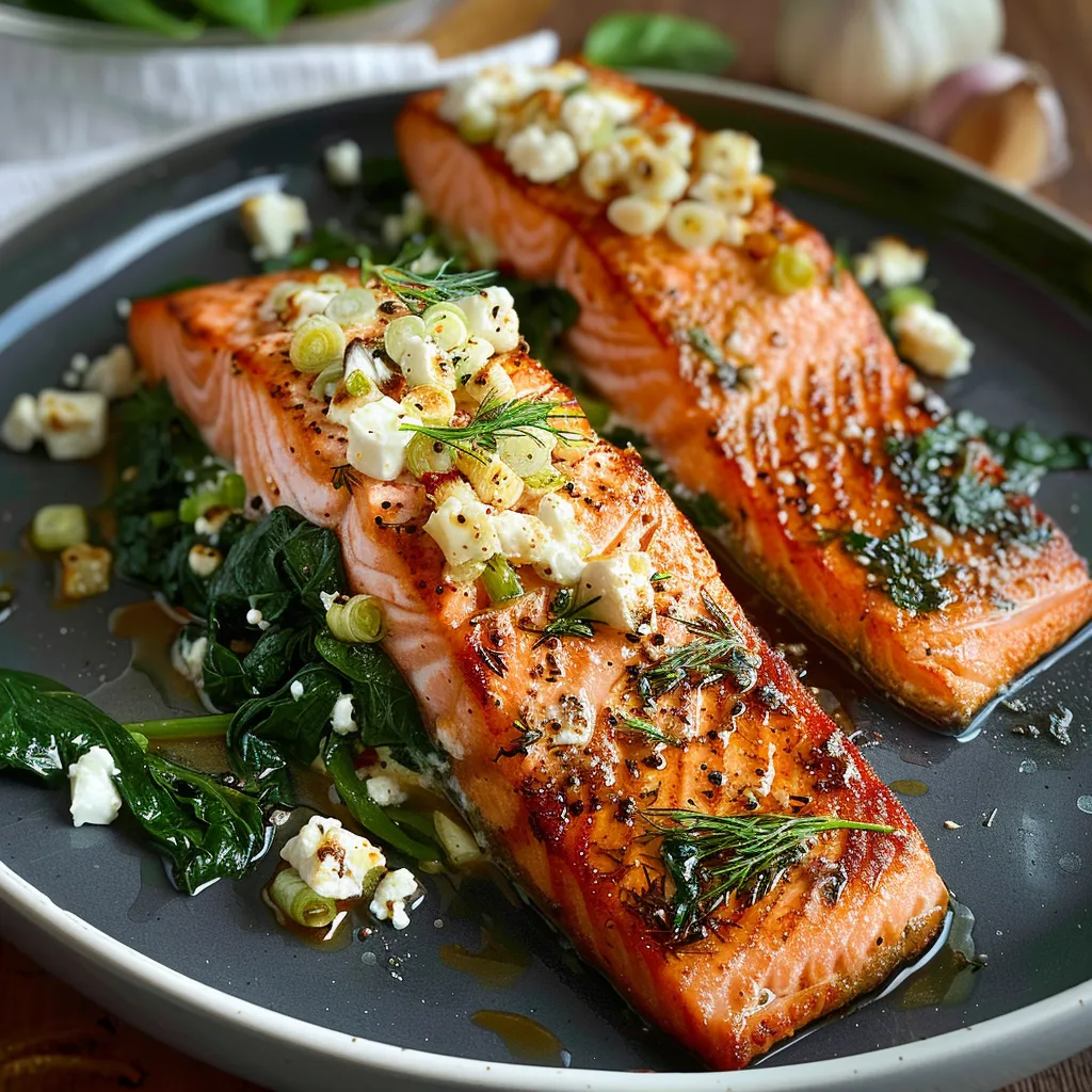 Two pieces of salmon with feta cheese and herbs on a plate.