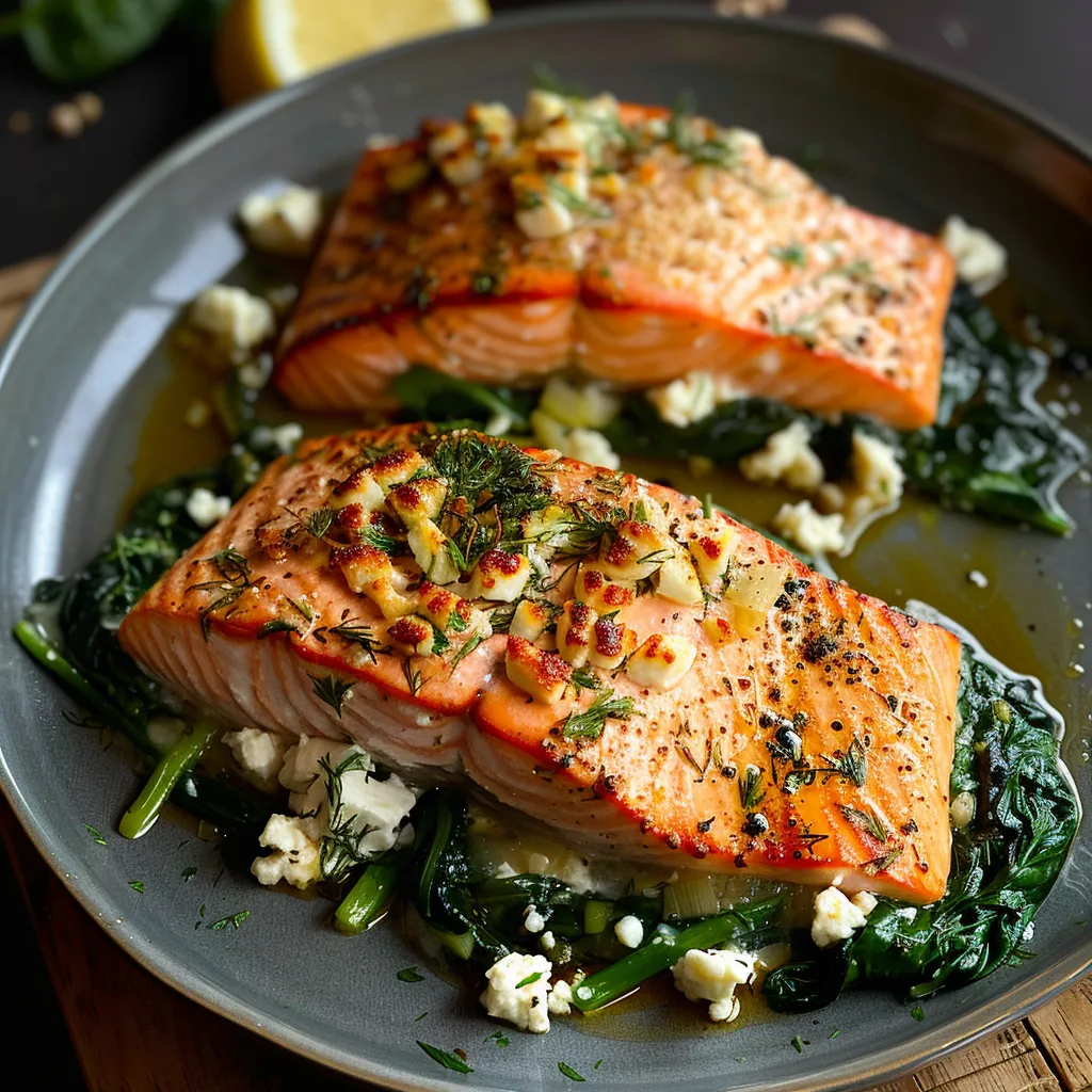 Two pieces of salmon with green vegetables.