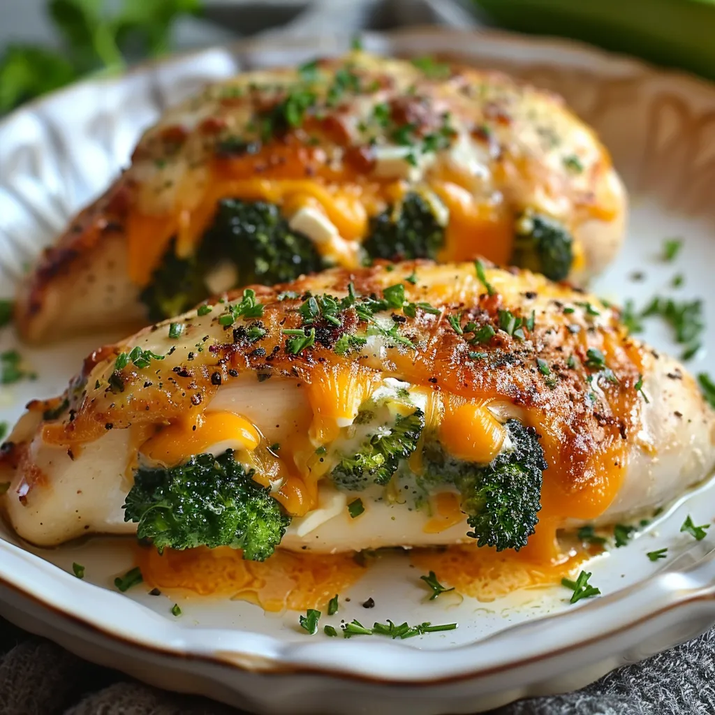 Chicken stuffed with broccoli and cheddar on a plate.