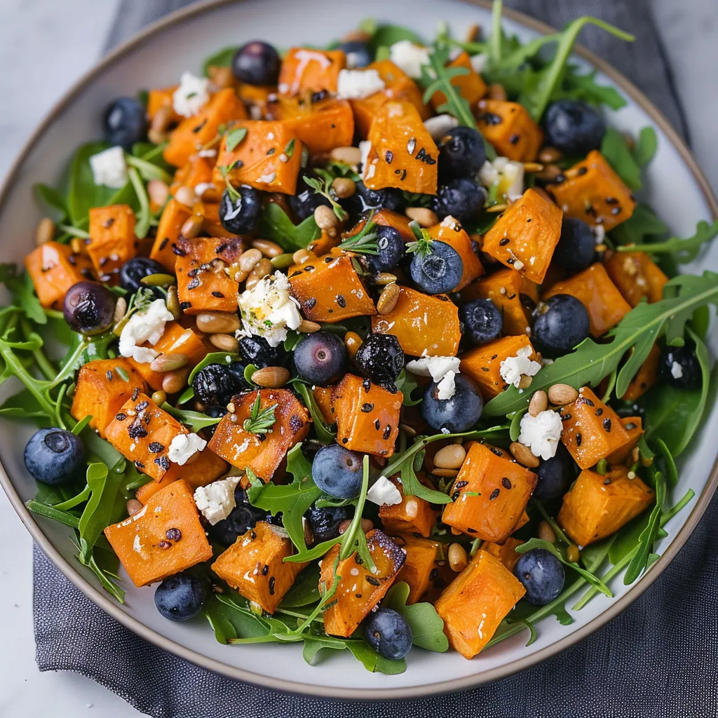 A colorful salad bowl with blueberries, feta, and carrots.