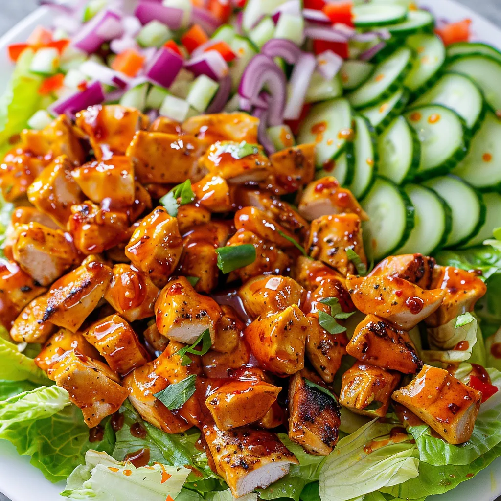 A dish featuring chicken with fresh veggies like cucumbers and onions.