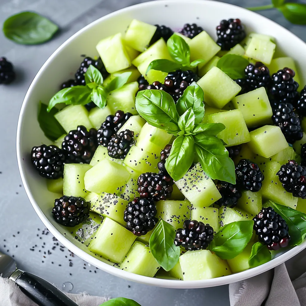 A brightly colored fruit salad with honeydew, blackberries, and basil.