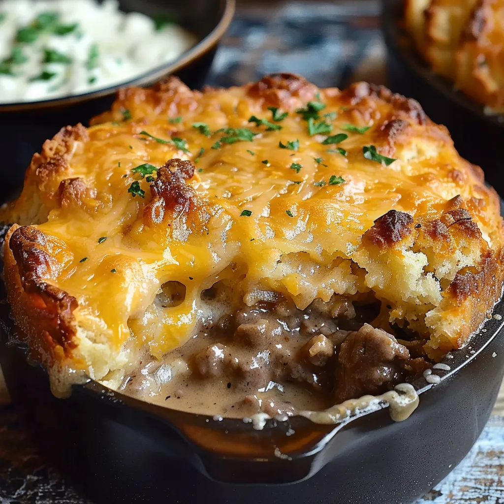 A spoon in a cheesy, biscuit-covered dish.