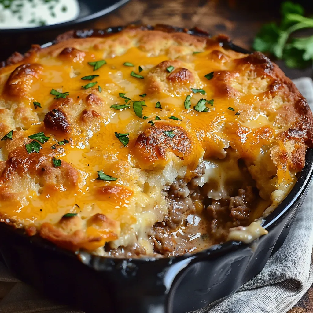A baked dish with cheese and meat in a black bowl.