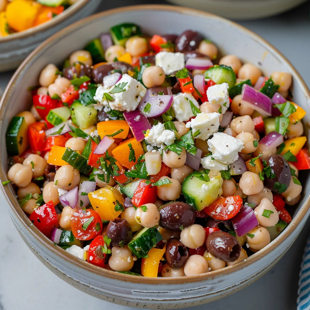A colorful veggie bowl with cheese pieces.