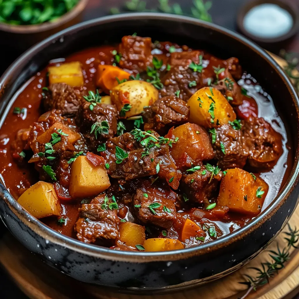 A hearty stew bowl filled with beef, carrots, and potatoes.