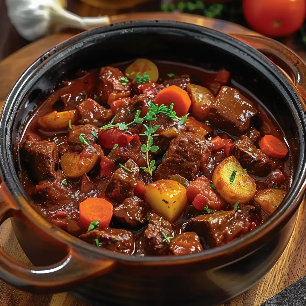 A pot of meat and vegetables.
