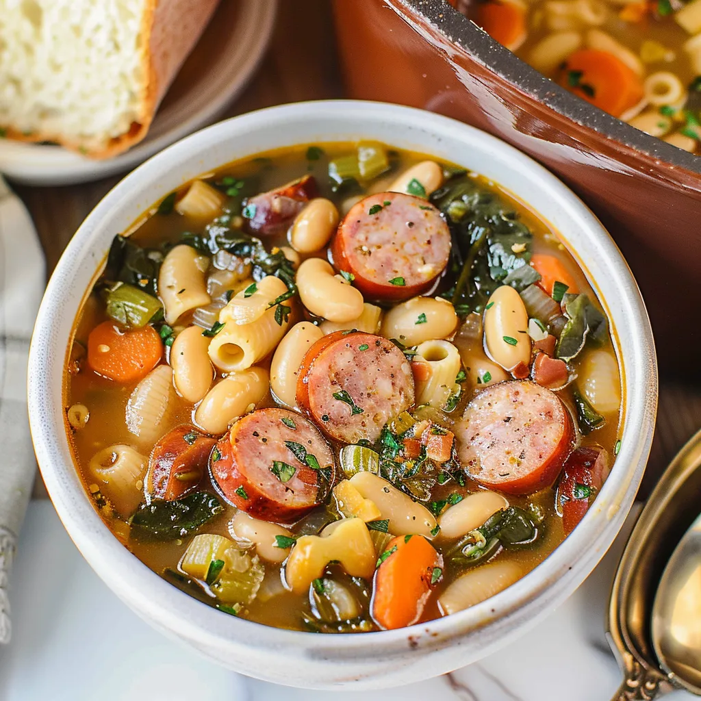 A comforting bowl of hearty soup with beans and sausage.