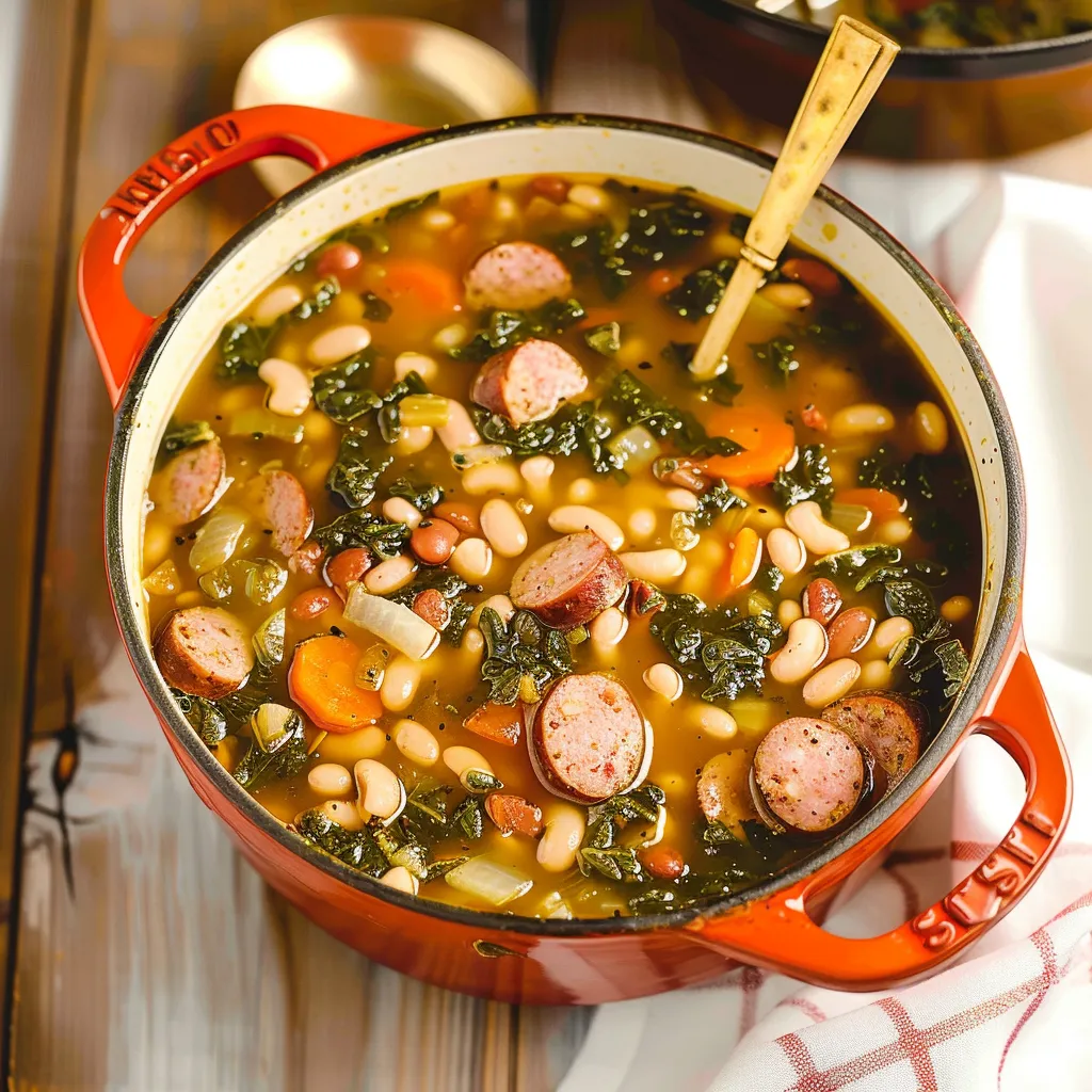 A bowl of soup with sausage and beans.